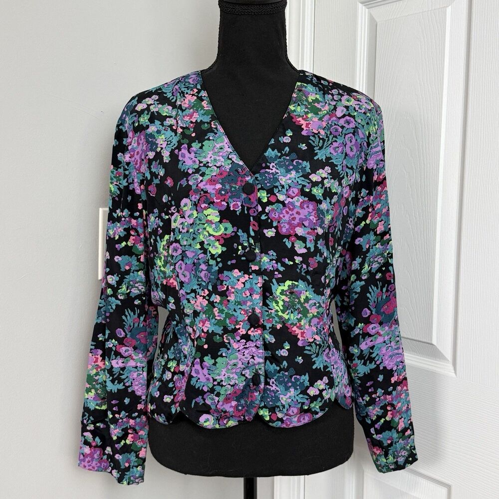 Vtg Carole Little Top Womens 10 Petite Floral Boho Artsy Scalloped Cottage 90s